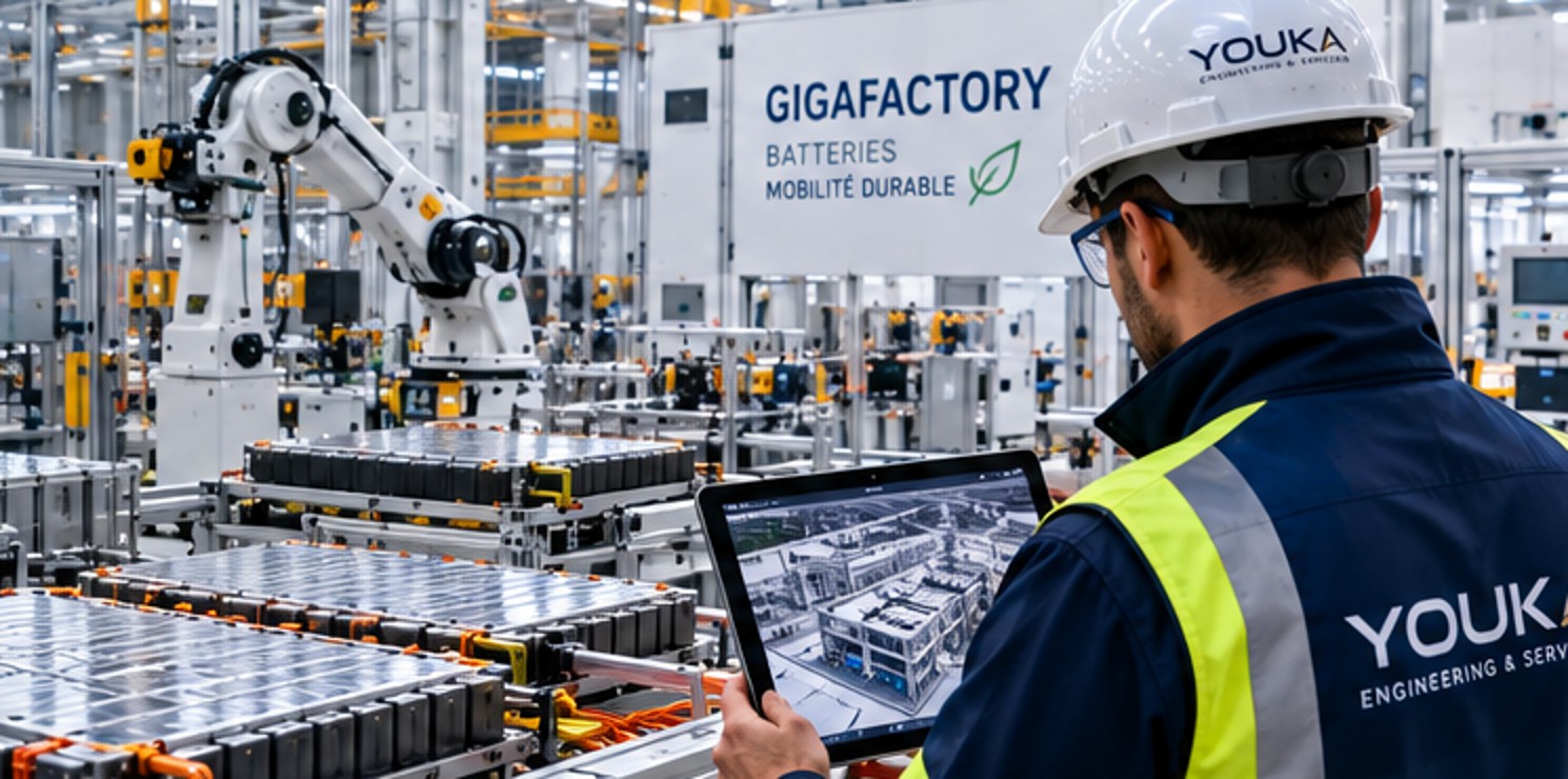 Illustration conceptuelle d’une gigafactory et de ses installations industrielles